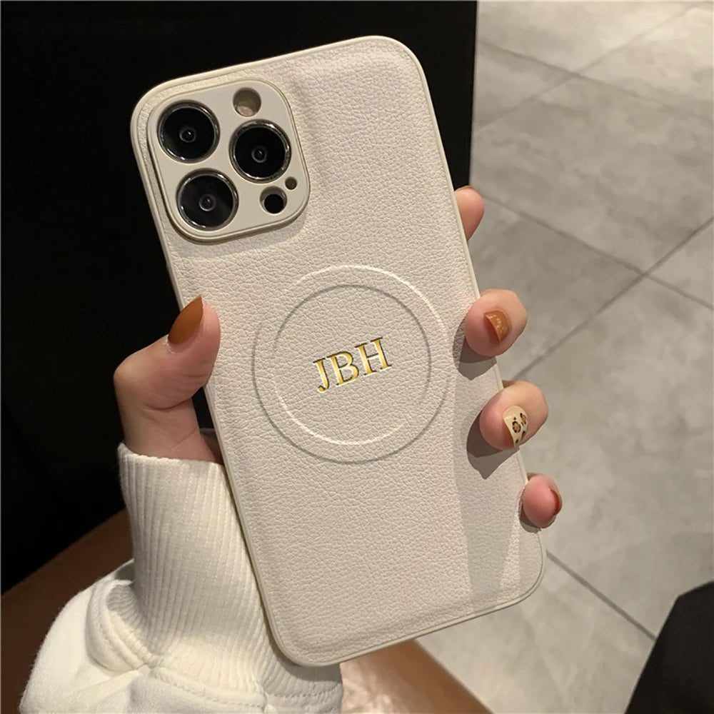 Personalized Case For iPhone11 12 13 14 15 16 17 18 Pro Max Customized Initials Name Wireless Charging For Magsafe Leather Cover