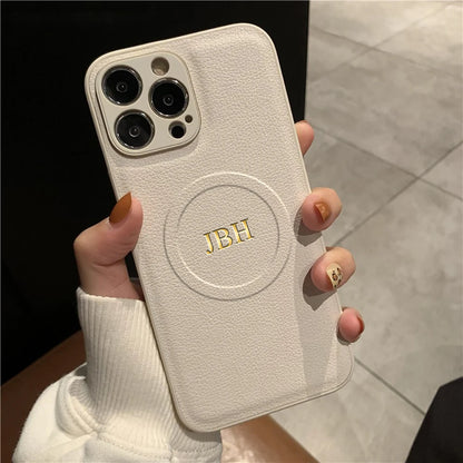 Personalized Case For iPhone11 12 13 14 15 16 17 18 Pro Max Customized Initials Name Wireless Charging For Magsafe Leather Cover