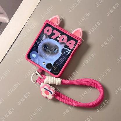 Cute Cat Ears Hinge Phone Case For Samsung Galaxy Z Flip 8 7 6 5 4 3 flip6 zflip7 ZFlip 8 Cover