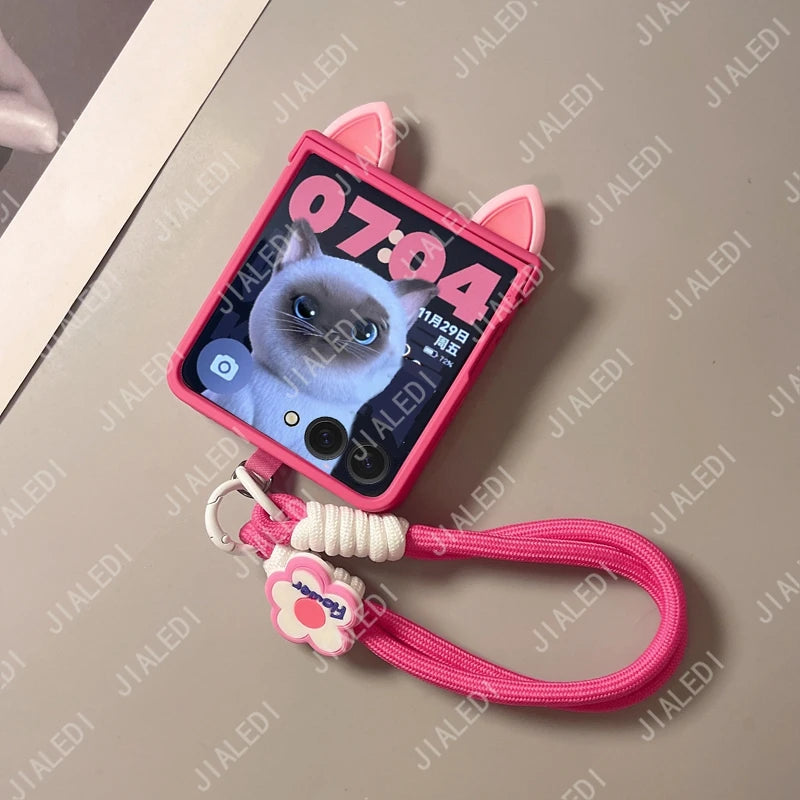 Cute Cat Ears Hinge Phone Case For Samsung Galaxy Z Flip 8 7 6 5 4 3 flip6 zflip7 ZFlip 8 Cover
