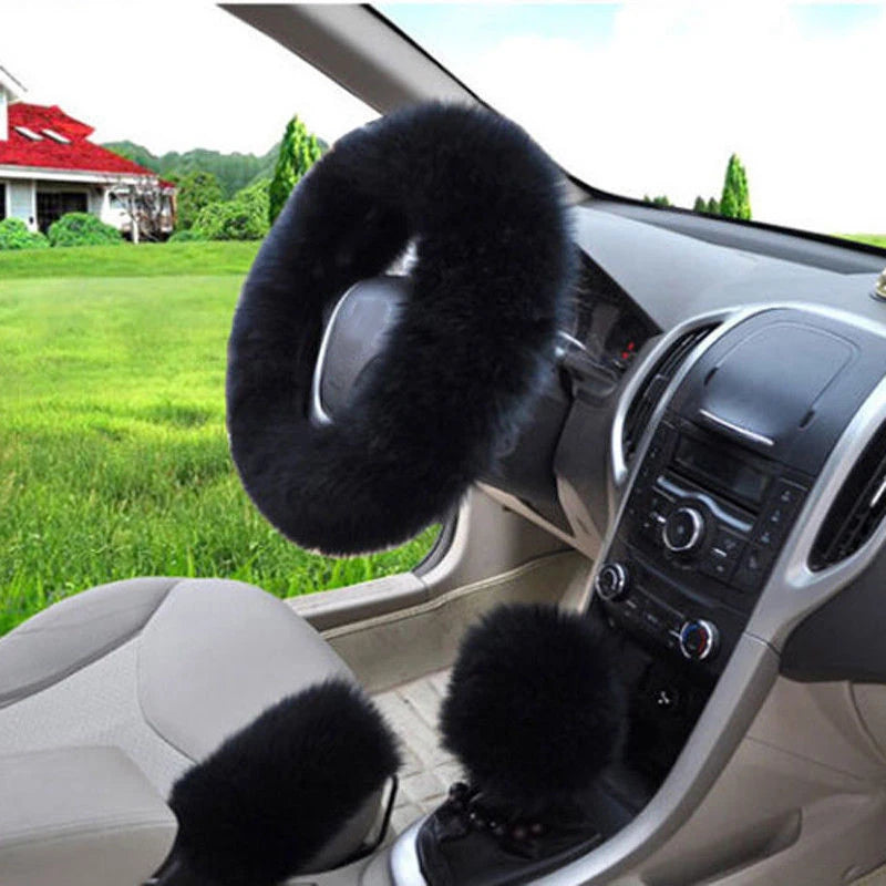 YESPLEASE 3pcs/set Wool Winter Car Steering Wheel Cover Long Australian Wool Heated Fur Handbrake Gear Shifter Cover