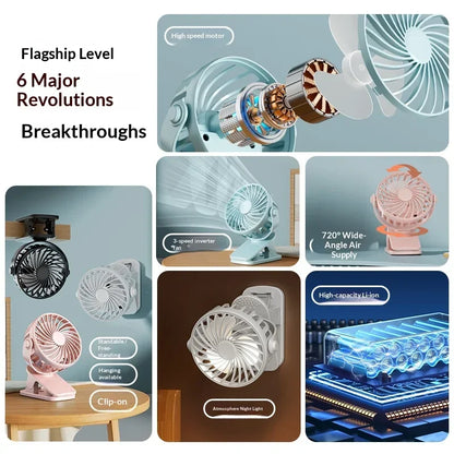720°Rotatable Clip Fan Mini Cooler Fan Built In Night Lamp USB Rechargeable Personal Portable Fan For Outdoor Camping Ventilador