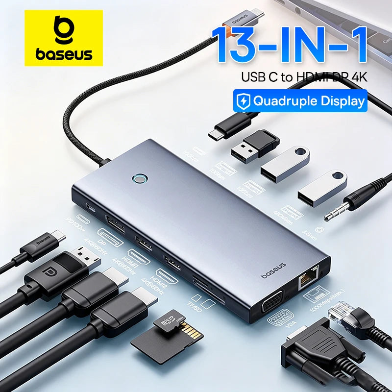 Baseus 13-in-1 USB C HUB to 2*HDMI 1*DP 4K@60Hz 1*VGA Quadruple Display USB 3.2 Adapter with RJ45 SD TF 3.5mm PD 100W Type C Hub