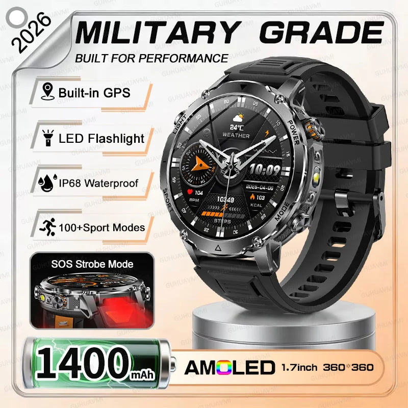 NEW Military 1400mAh Battery SmartWatch Men Outdoor LED Flashlight IP68 Waterproof Heart Rate SOS Bluetooth Call Sports Bracelet