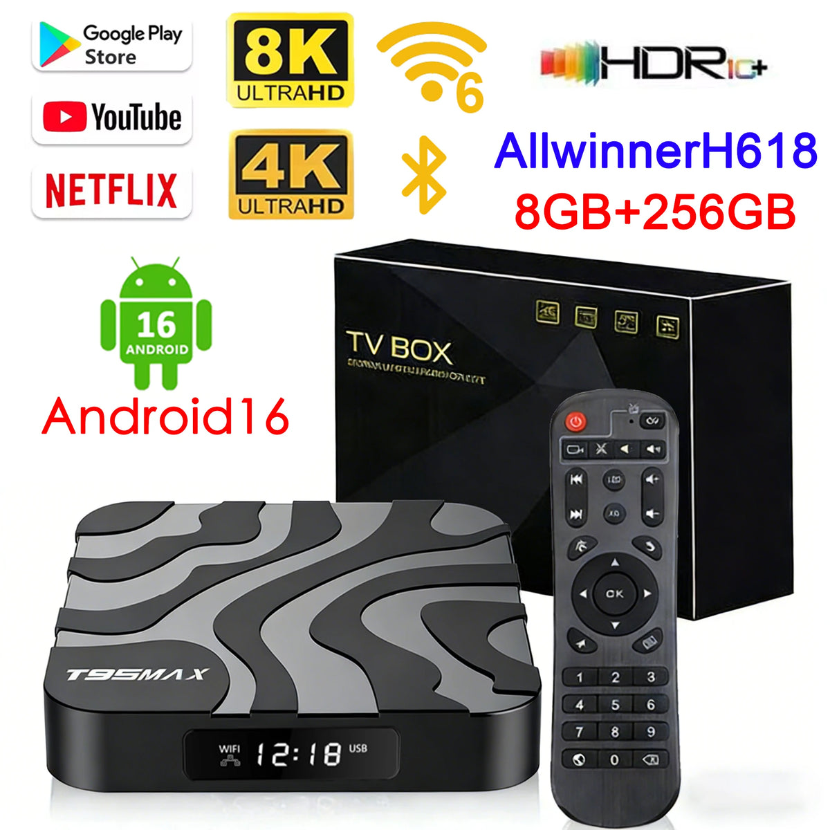 Android 16 T95Max Smart Home Theater TV Box Allwinner H618 Dual Wifi 8G RAM 256G ROM BT5.4 Netflix Google 4K 8K HD Set Top Box