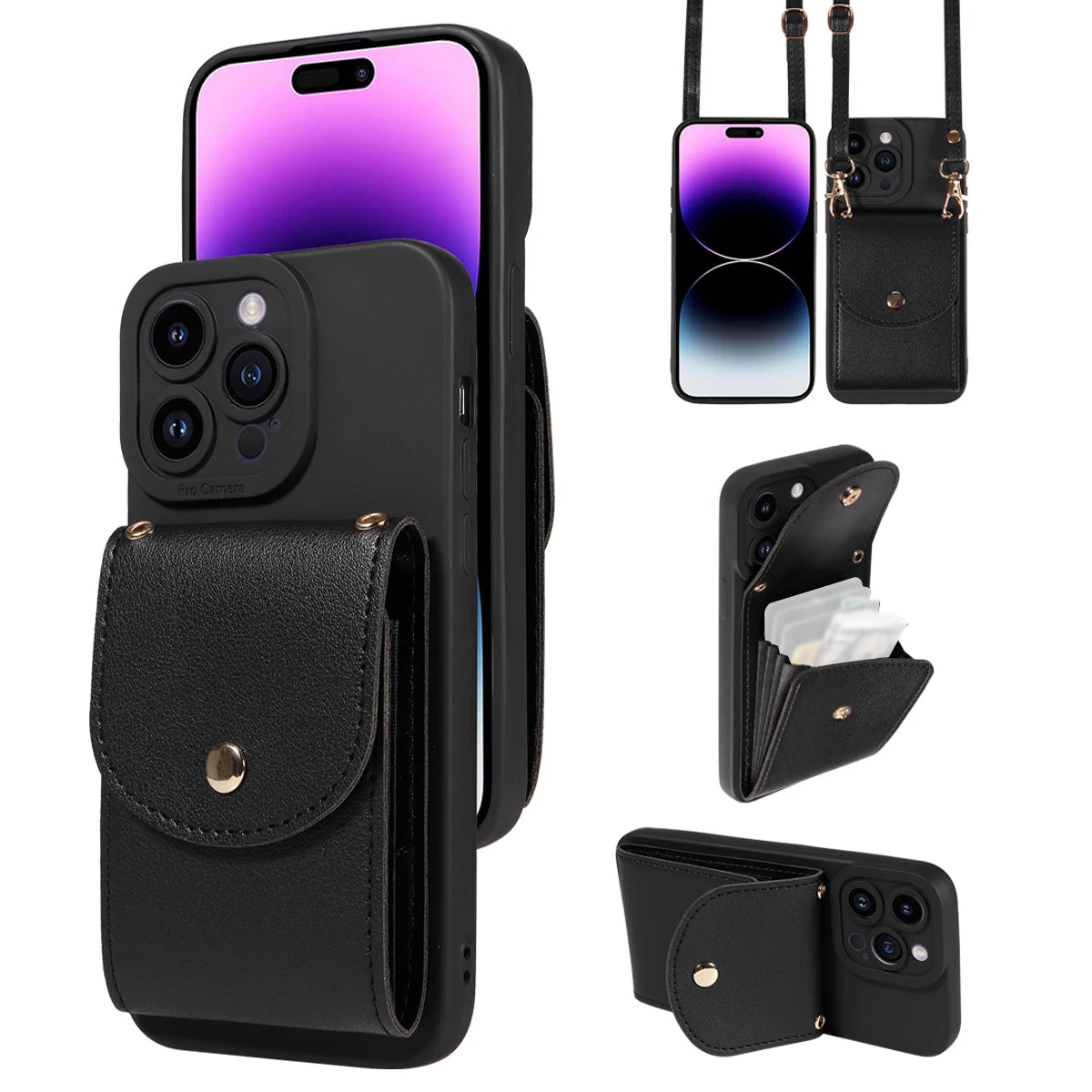 faux Leather Phone Case for IPhone17 16 15 14 13 12 11Pro Max PlusMini E Air All inclusive Lens Protection with Lanyard Card Bag