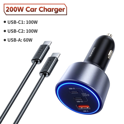 Toocki 200W Car Charger USB Type C QC 4.0 PPS 45W PD 100W Fast Charging USB C Car Phone Charger for iPhone 16 15 Samsung Macbook