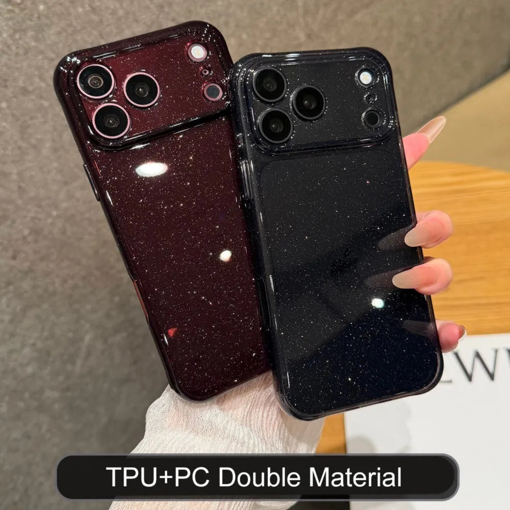 Bling Glitter PC TPU Hybrid Case for Apple iPhone 18 17 16 15 Pro Max Hard Clear Transparent Lens Protection Soft Bumper Cover