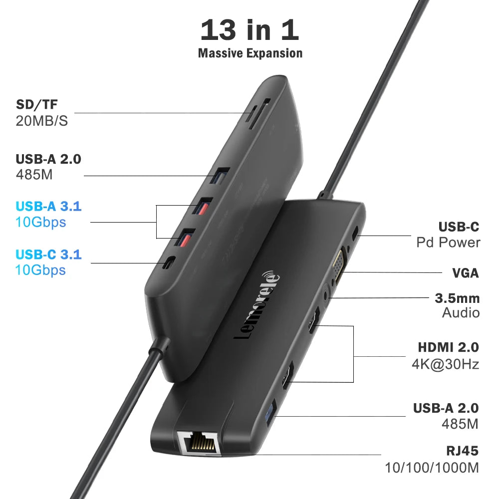 Lemorele 4K USB Hub USB C to Dual HDMI VGA Gigabit Docking Station USB 3.0 VGA Adapter SD Card Readers  for Windows MacBook Air