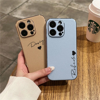 Luxury Plating Leather Personalized Name Case For iPhone 11 12 13 14 15 16 Pro Max Customized DIY Shockproof Cover 15 14 Pro Max