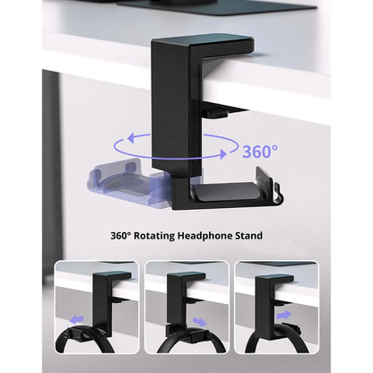 2-in-1 Controller Headphone Stand for Desk 2 Gamepad Hangers 360° Rotating Headset Holder Adjustable Clamp-on Under Desk Hook