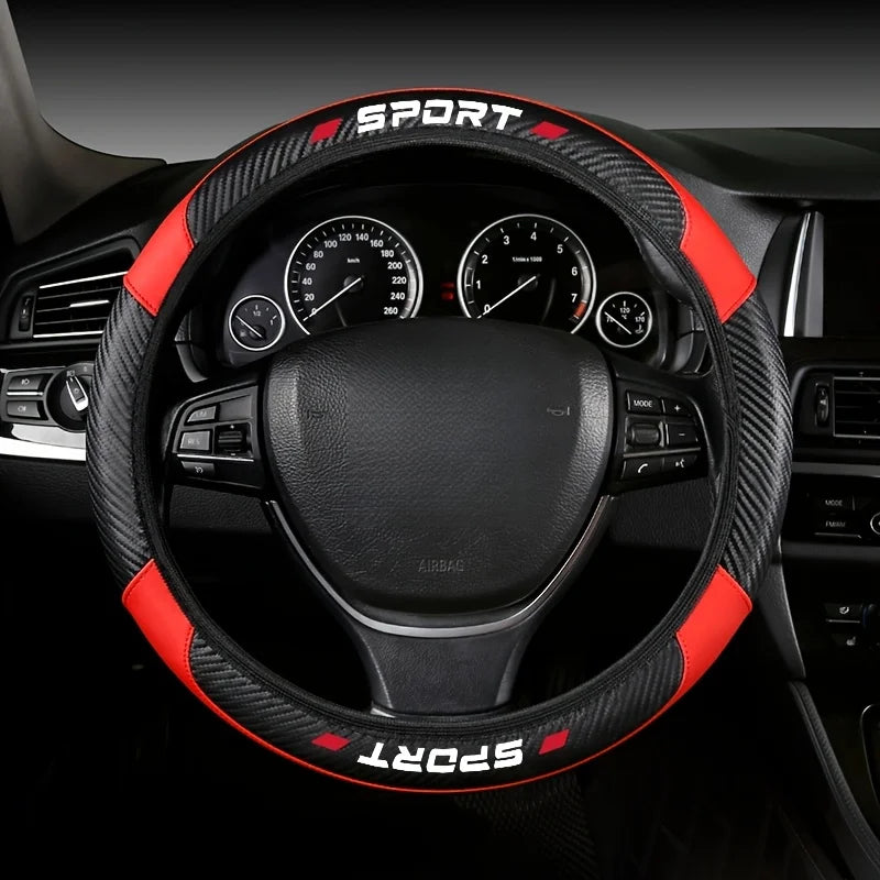 1Pc 14.96 Inch 4-Segment PU Carbon Fiber Splicing Steering Wheel Cover Non-Elastic Inner Ring Auto Handle Protector Accessory