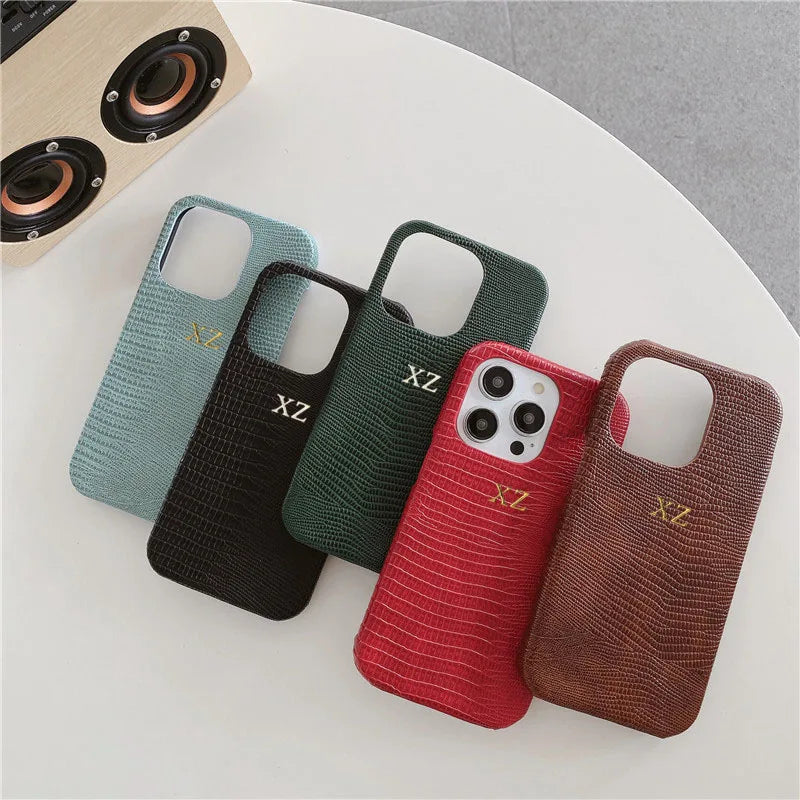 Personalise Gold Silver Initials Letters Leather Case For iphone 15 14 13 16 17 18Pro Max 14 16 Plus Luxury Lizard PU Hard Cover
