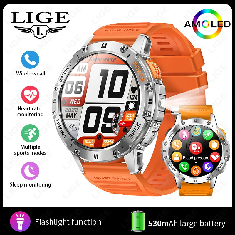 LIGE 1.43 Inch AMOLED Screen Bluetooth Call Flashlight 530mAh Outdoor Men Smart Watch Sports Health Monitor For Android IOS K65