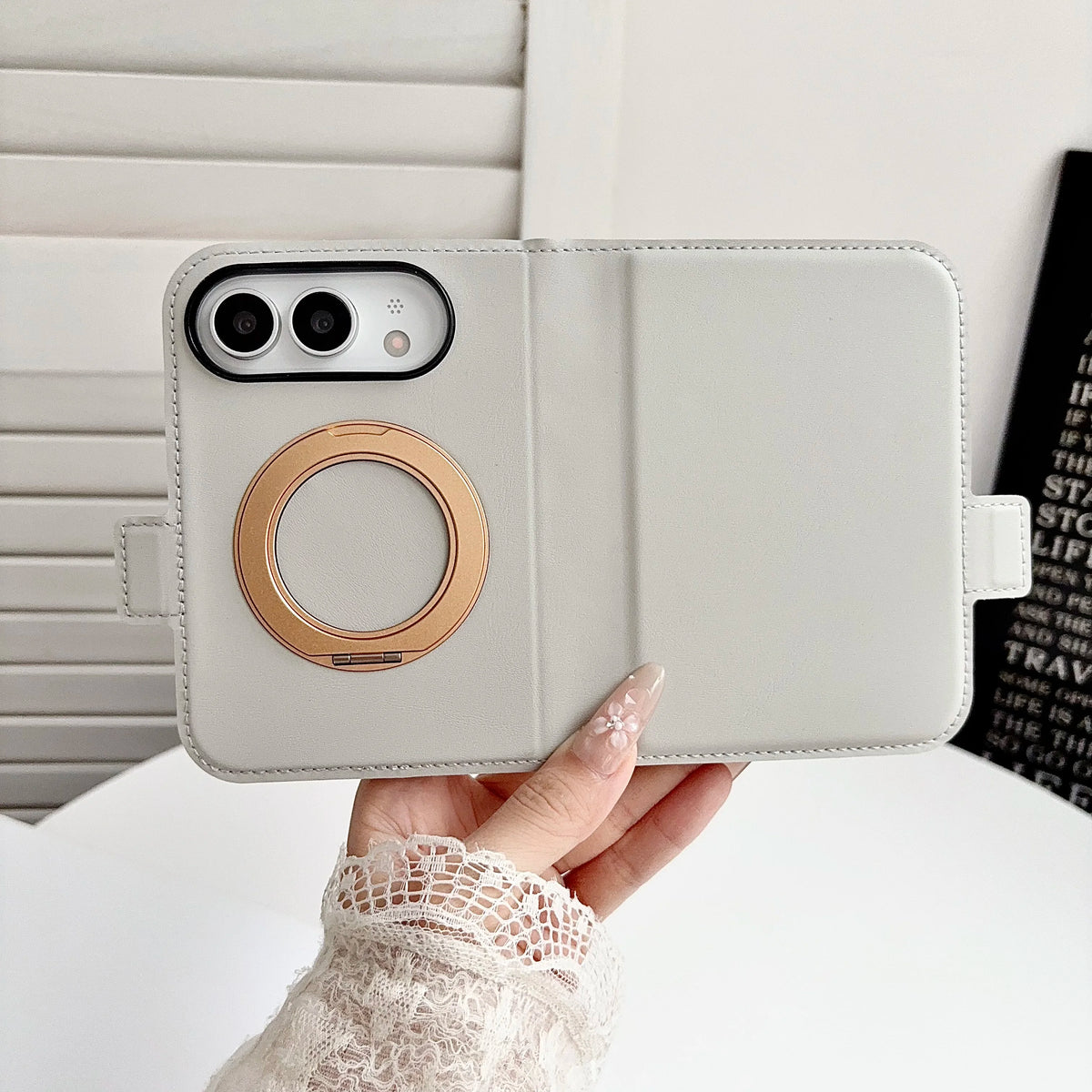 Invisible Support Bracket Card Holder Bag Phone Case For iPhone Duo 18 Fold 360 Degree Rotating Bracket Leather Wallet Cover