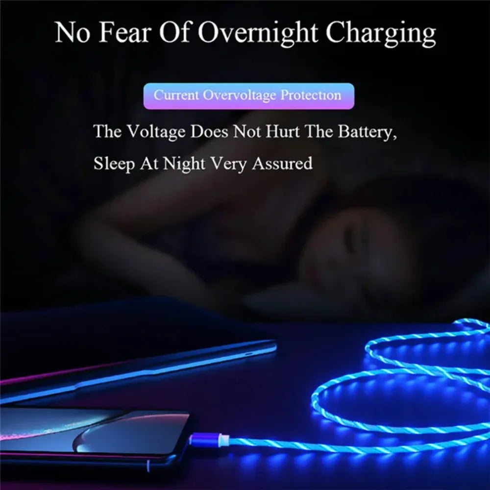 Glowing LED 3 IN 1 Cable For Samsung Xiaomi iPhone Flowing Streamer Light Fast Charger USB C Cord Luminous Type C Cable