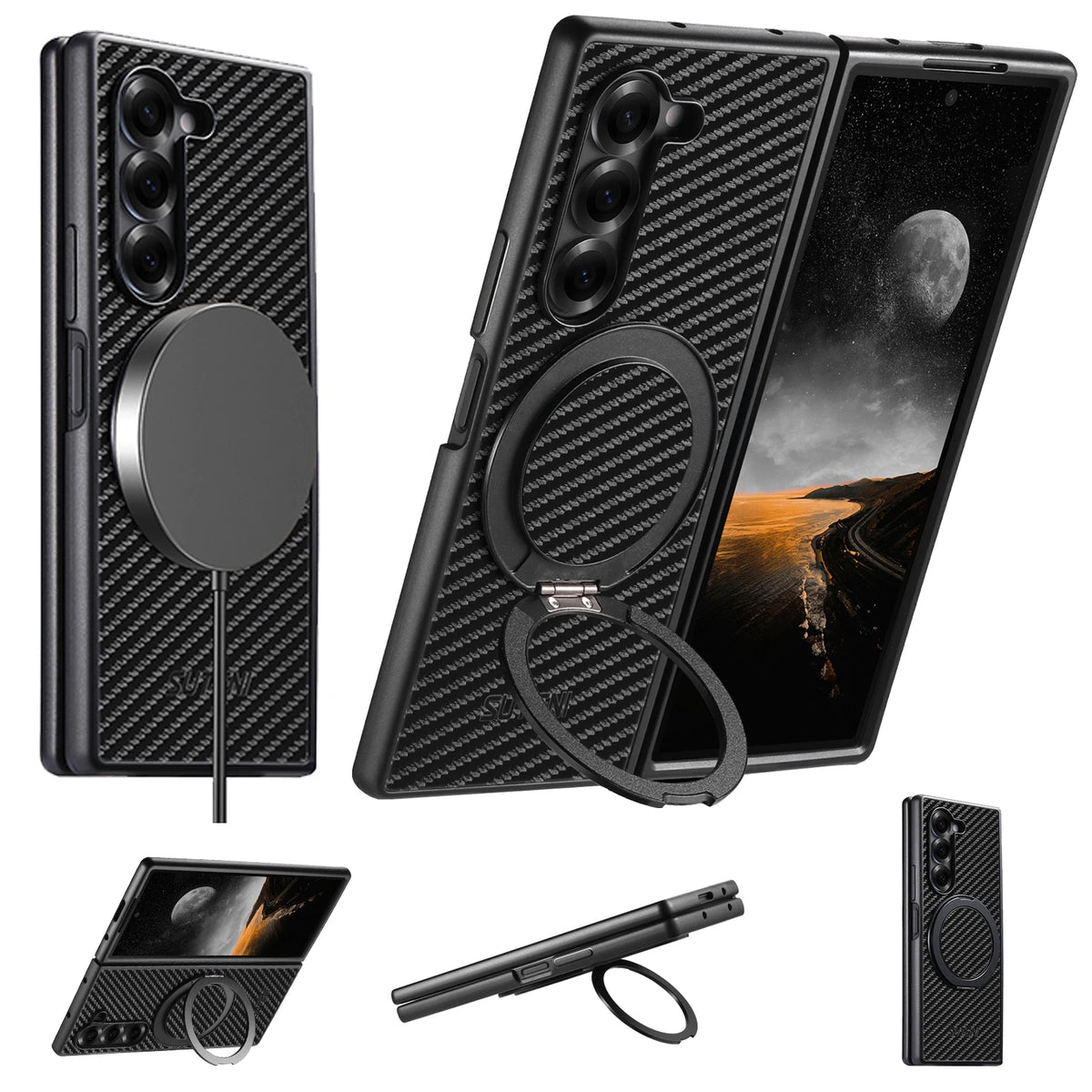 Mobile Phone Case Magnet Wireless Charging 360° Rotating Stand Faux Leather Ring Buckle For Samsung Galaxy Z Fold 8 Ultra 7 6 5