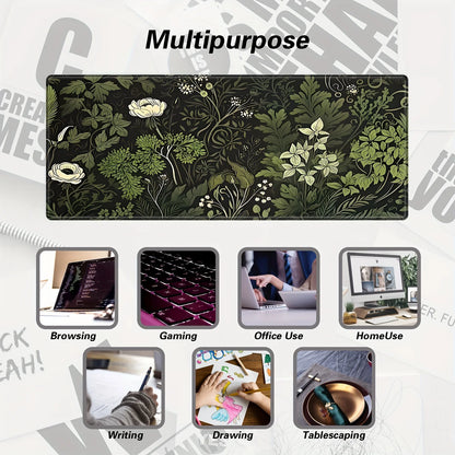 Botanical Green Floral Plant Mouse Pad Large Desk Pad Non-Slip Gaming accessories Mouse Mat Stitched Edges for Office and Home