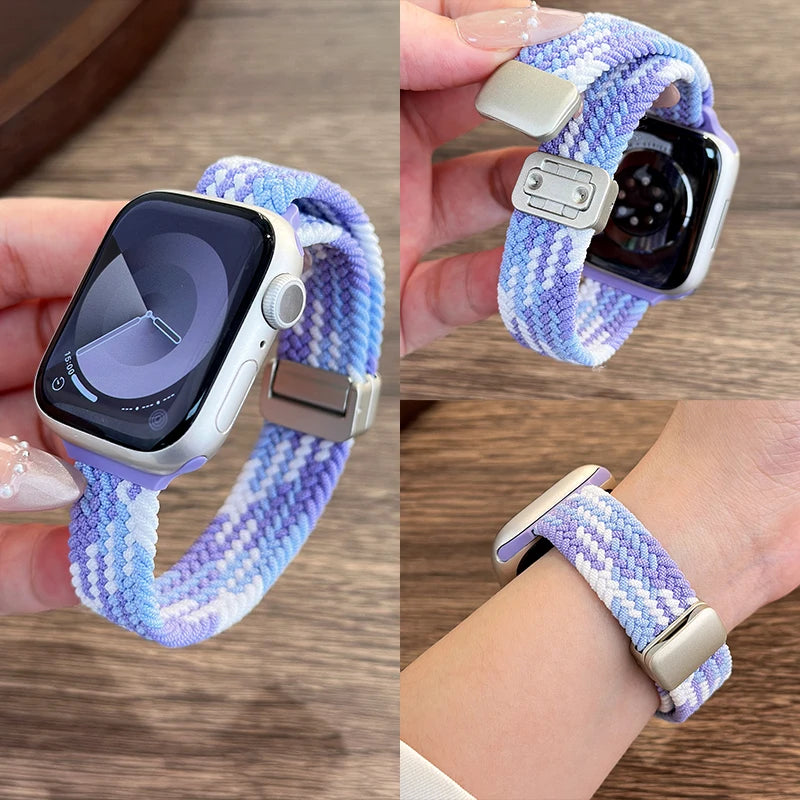 Braided Loop for Apple Watch 38 40 41 42 44 45 46 49mm for Woman Magnetic Nylon Elastic Replacement for Iwatch Series10 9 8 7 6