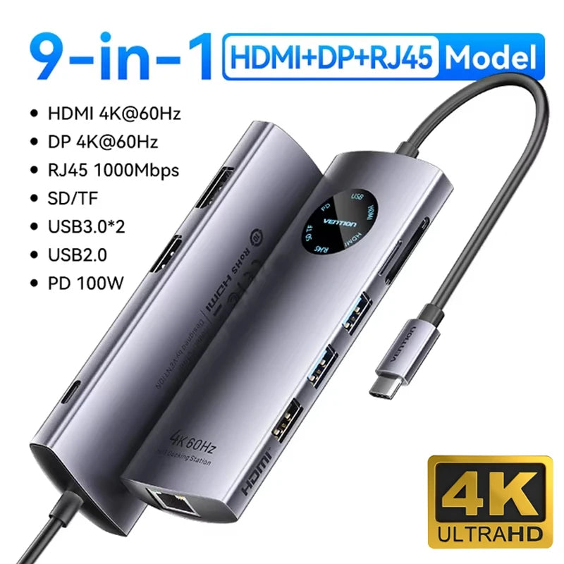 Vention 10 in 1 USB HUB HDMI DP 4K@60Hz Adapter RJ45 Splitter Type C HUB 3.0 PD 100W Charger Docking Station for MacBook Laptop