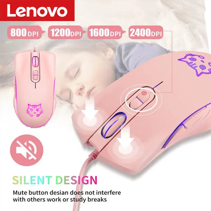 Lenovo Wired USB Gaming MouseGaming Mouse Purple Cat Mouse USB Mouse Ergonomic Mouse Braided Cable Gold-Plated USB Connector