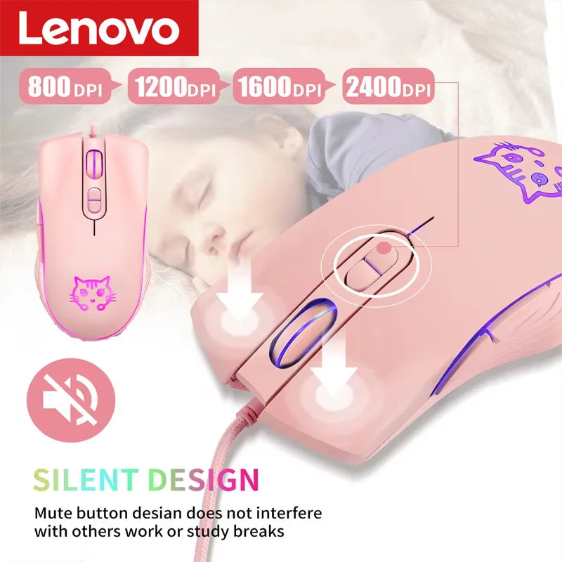 Lenovo Wired USB Gaming MouseGaming Mouse Purple Cat Mouse USB Mouse Ergonomic Mouse Braided Cable Gold-Plated USB Connector