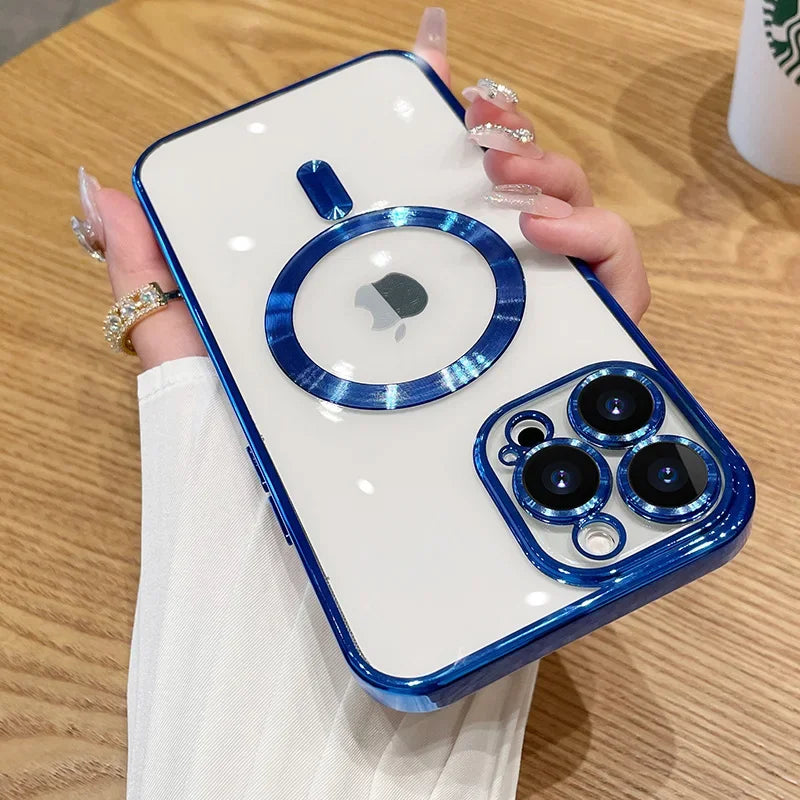 Magnetic Plating Case For iPhone 15 16 14 17 13 12 18 Pro Max Air Camera Lens Protector Glass For Magsafe Wireless Charger Cover