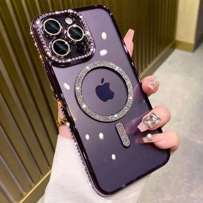 New Fashion Glitter Diamond Transparent Case For iPhone 17 16 15 14 13 11 12 Pro Max Funda Magnetic Wireless Charge Bumper Cover