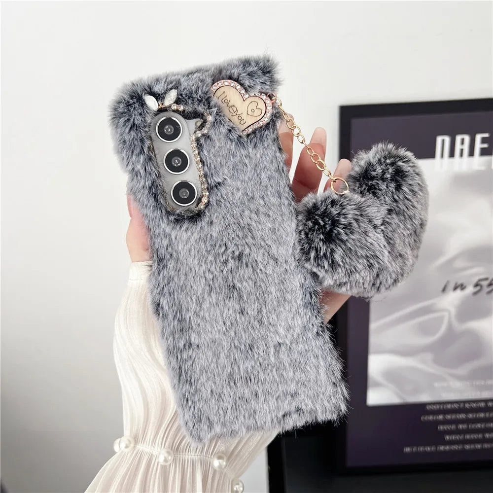 For Samsung Galaxy Z Fold 5 Case Korea Cute Fluffy Plush Love Pendant Phone Case For Galaxy Z Fold6 Cover Z Fold3 Z Fold2 Fold5