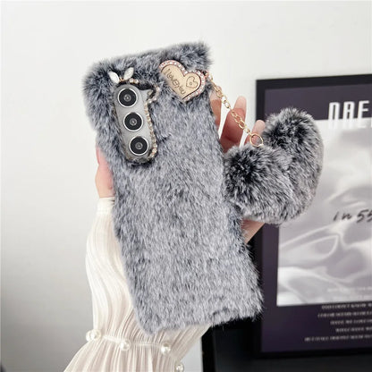 For Samsung Galaxy Z Fold 5 Case Korea Cute Fluffy Plush Love Pendant Phone Case For Galaxy Z Fold6 Cover Z Fold3 Z Fold2 Fold5