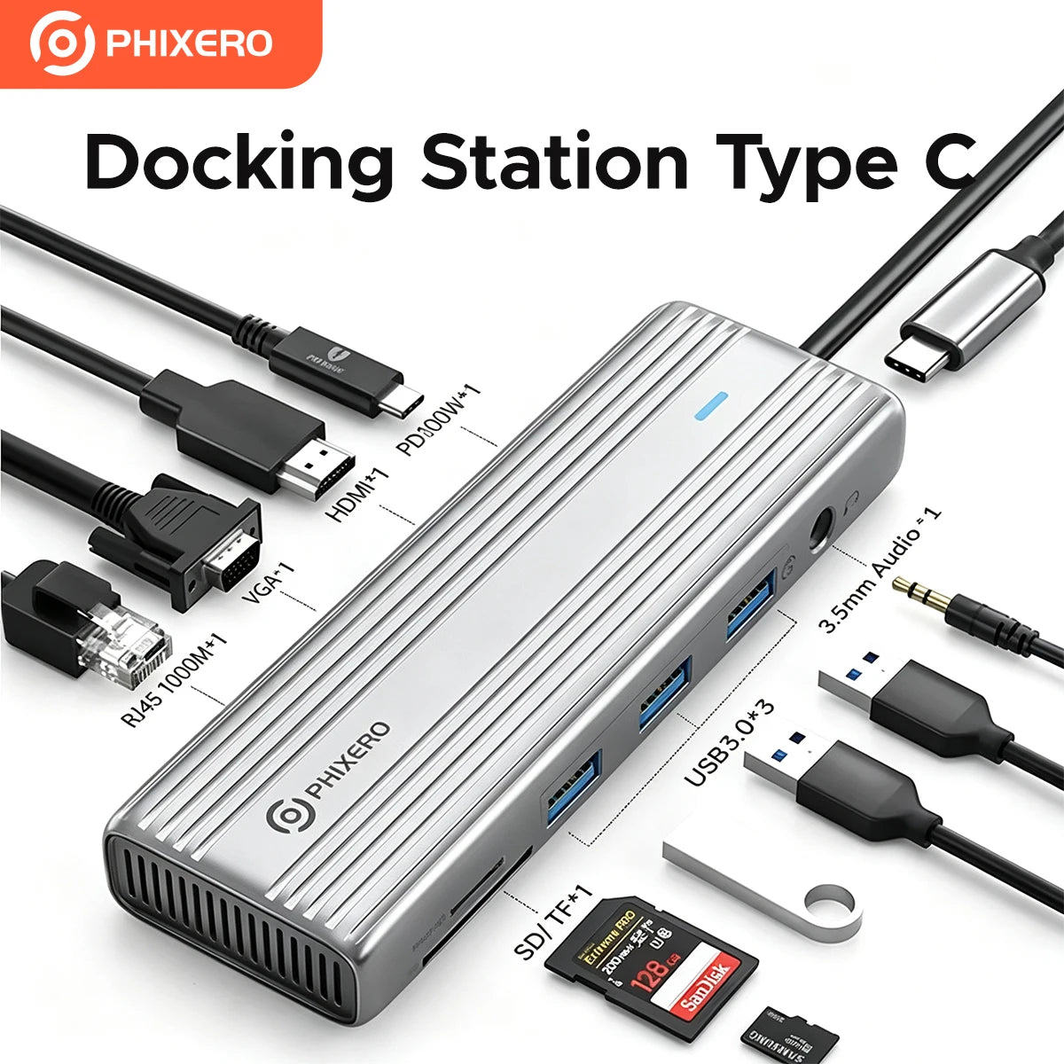 PHIXERO Docking Station Type C HUB to 4K HDMI Adapter 10 in 1 Splitter with USB 3.0 Adapter RJ45 PD100W Charge for MacBook Pro
