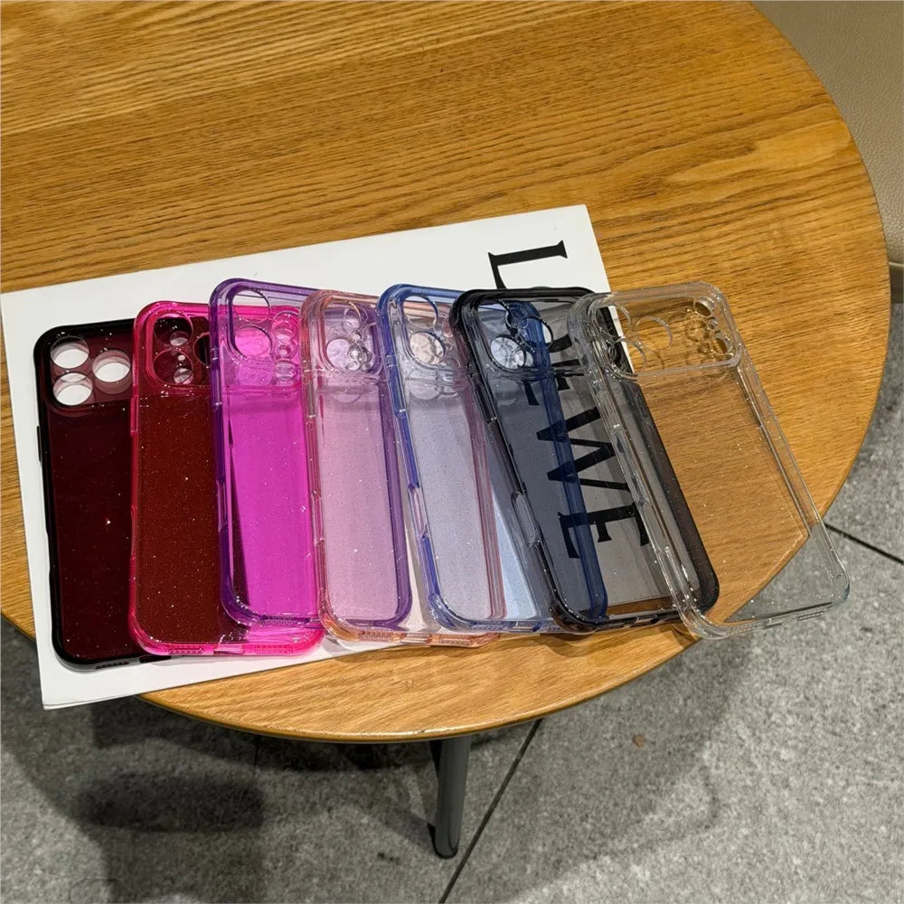 Bling Glitter PC TPU Hybrid Case for Apple iPhone 18 17 16 15 Pro Max Hard Clear Transparent Lens Protection Soft Bumper Cover