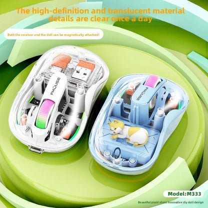 Wireless Bluetooth Tri-Mode Transparent Gaming Mouse with RGB Light, Ergonomic Design, Rechargeable & Magnetic Doll Accessory