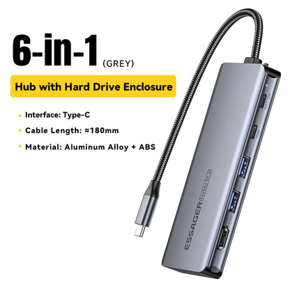 Essager USB C Hub With M.2 SSD Hard Disk Enclosure 6/7 in 1 PD100W USB3.2 10Gbps HDMI USB Type C Adapter for Macbook Pro Air PC