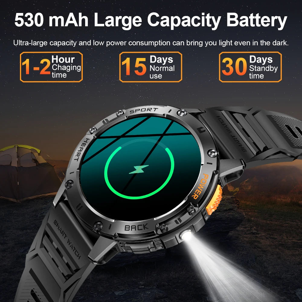 LIGE 1.43 Inch AMOLED Screen Bluetooth Call Flashlight 530mAh Outdoor Men Smart Watch Sports Health Monitor For Android IOS K65