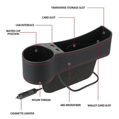 Car Seat Gap Storage Box Seat Gap Slit Box Phone Bottle Cups Holder Box Car Organizer Dual USB Charger Leather Car Accessories