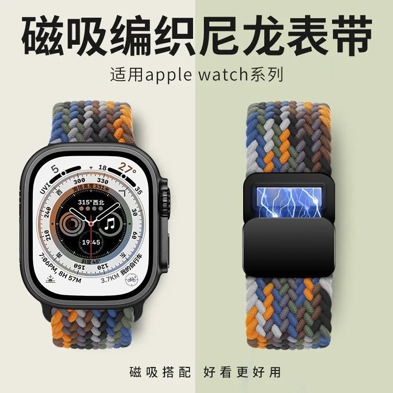 Nylon Braided Loop Band For Apple Watch Ultra 3 2 49mm 11 10 46mm 42mm 9 8 7 45/41mm Magnetic Strap iWatch 6 5 SE 44/40mm Correa