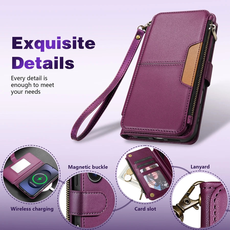 Wallet Multi-card Slot Zipper Kickstand Magnetic Flip Leather Case For Samsung Galaxy S26 Ultra S25 FE S24 Plus S23 S22 S21 S20
