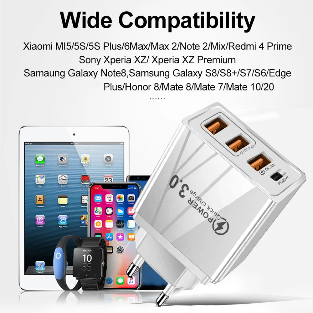 48W 3USB Fast Charger Type C QC 3.0 Portable Wall Charger PD Fast Charge EU/US Plug For Samsung Huawei Xiaomi Phone Wall Adapter