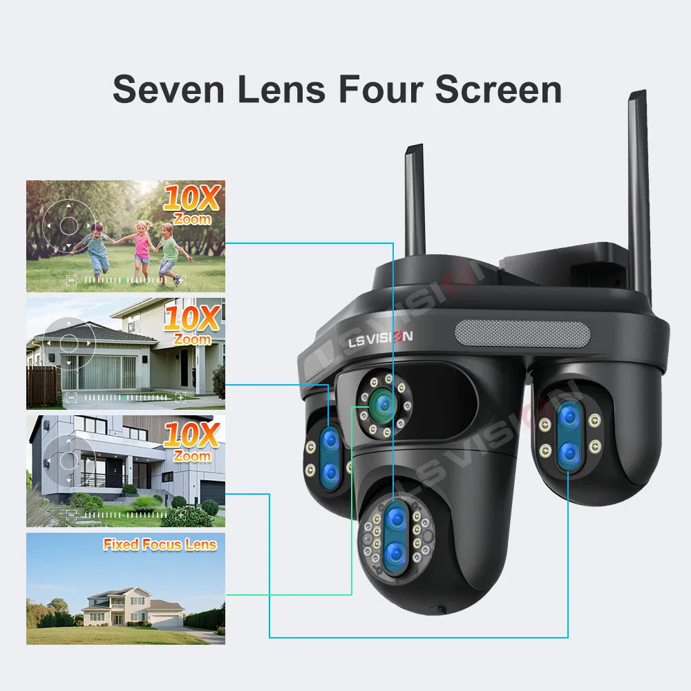 LS VISION 35MP 10X Zoom Four Screens WiFi IP Camera Wireless Outdoor Seven Lens Three PTZ Camera Auto Tracking Security Camera