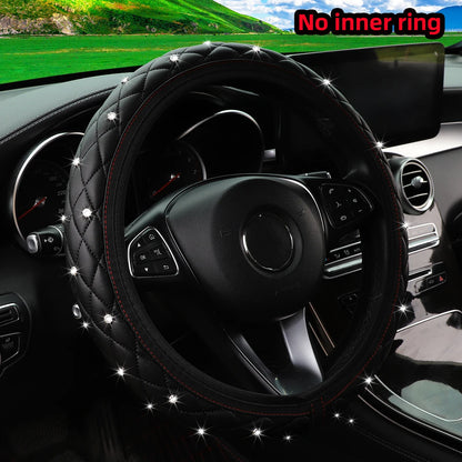1 PU leather embroidered stereo diamond-encrusted Blingbling car steering wheel cover for 14.5-15 inch automotive supplies