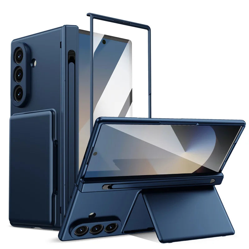 Hinge Wallet Card Slot Bracket Phone Case For Samsung Galaxy Z Fold 8Ultra 7 6 5 With Screen Glass Protect Film S Pen Slot Cover