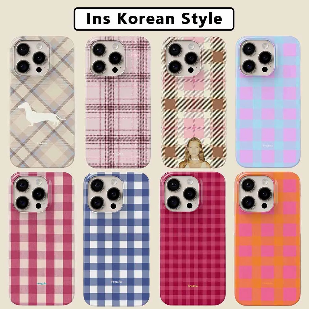 Retro Korean Plaid Cute Phone Case for IPhone 17 16 15 14 13 12 11 Air Pro Max X XS XR XSMax 7 8 Plus Glossy Film Hard PC Cover