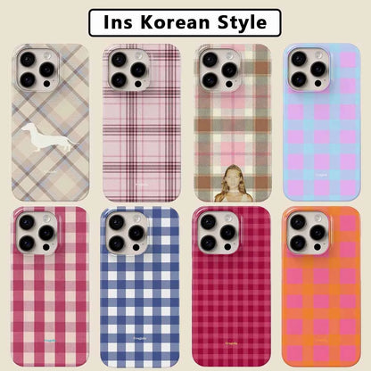 Retro Korean Plaid Cute Phone Case for IPhone 17 16 15 14 13 12 11 Air Pro Max X XS XR XSMax 7 8 Plus Glossy Film Hard PC Cover