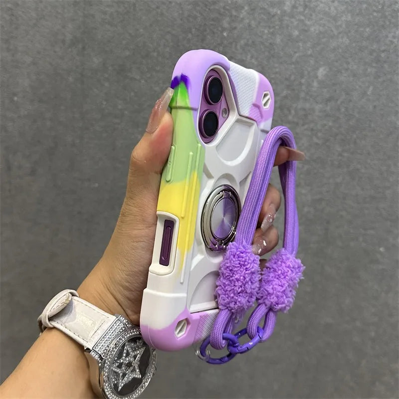 Luxury Heavy Duty Ring Holder Lanyard Case for iPhone 17 18 ProMax PC TPU Armor Cover for iPhone 11 12 13 14 15 16 Pro Max Plus