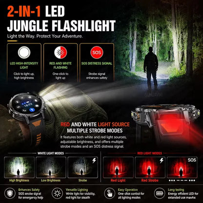 NEW Military 1400mAh Battery SmartWatch Men Outdoor LED Flashlight IP68 Waterproof Heart Rate SOS Bluetooth Call Sports Bracelet