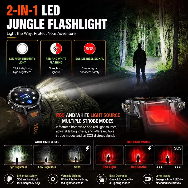 NEW Military 1400mAh Battery SmartWatch Men Outdoor LED Flashlight IP68 Waterproof Heart Rate SOS Bluetooth Call Sports Bracelet