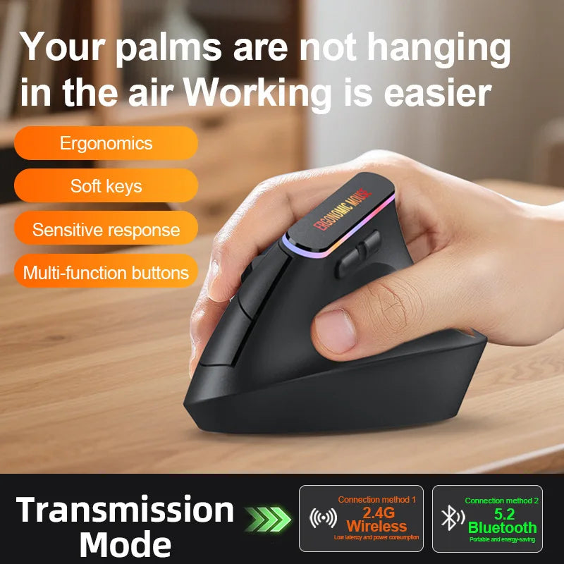 Portable Vertical Wireless Mouse Rechargeable 2.4G Bluetooth DPI Adjustable Low-noise Buttons Ergonomic Mouse for Desktop Laptop
