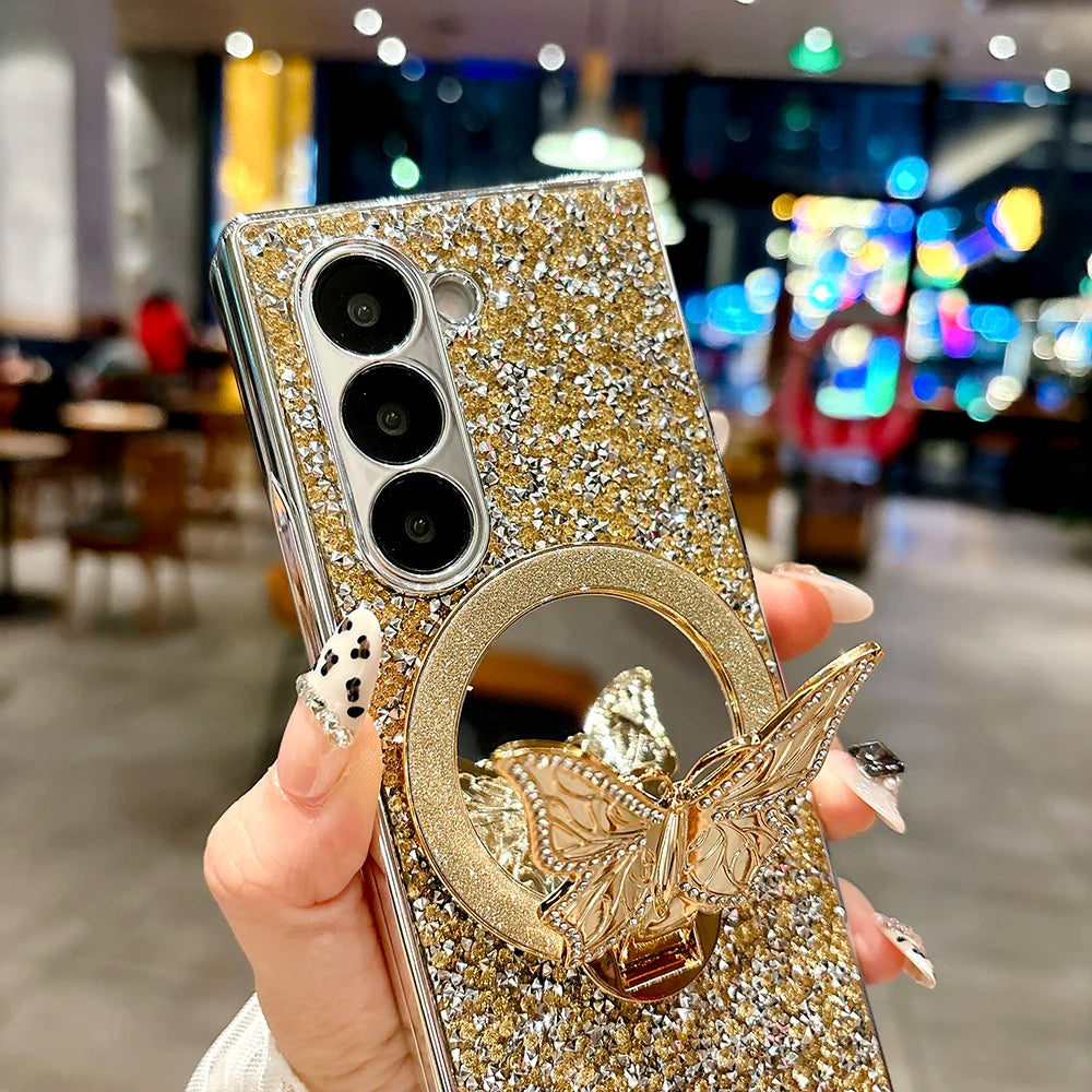 Luxury Hard PC Electroplated Frame Phone Cover for Samsung Galaxy Z Fold 7 6 5 4 8 Ultra Case with Butterfly Bracket
