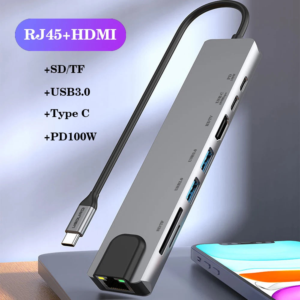 RJ45 100M/1000Mbps Ethernet to USB C Adapter Docking Station USB Type C to HDMI HUB 4K 30HZ Headphone PD 100W USB3 Extencion